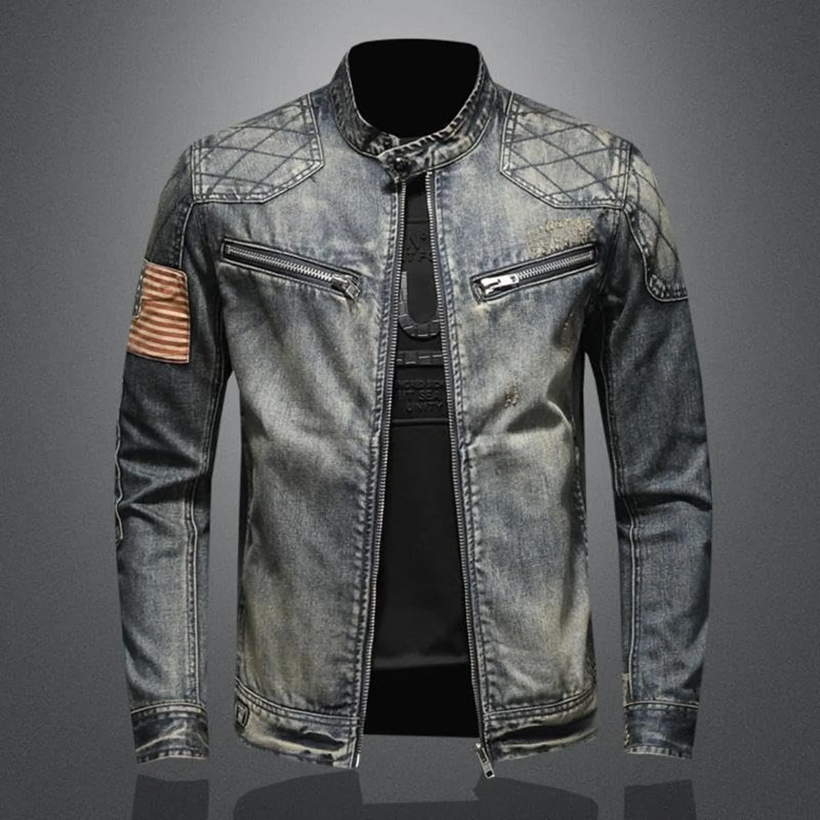 Men'S Shoes For Jeans - Vintage-Jeansjacke mit Reißverschluss, Stand-Up-Baumwolle, schmale Passform,