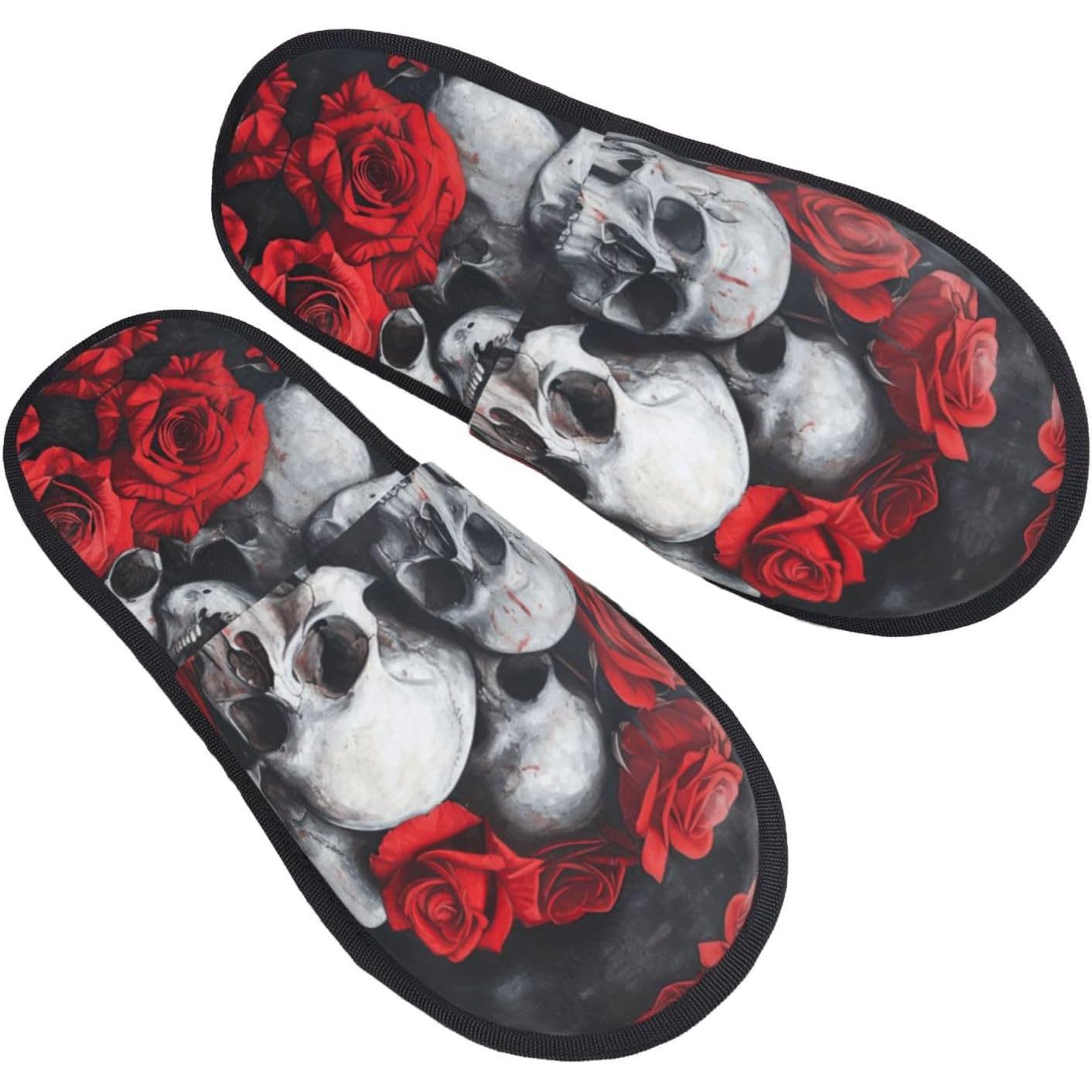 Men Shoes Red - Totenkopf- und rote Rosendruck, Herbst-Winter-Fuzzy-Hausschuhe, bequeme