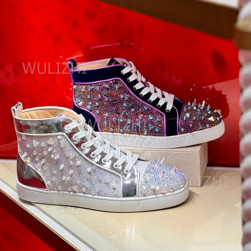 Men Shoes Red - Dunkelviolette Kristall-Nieten-Sneaker für Herren mit Flacher